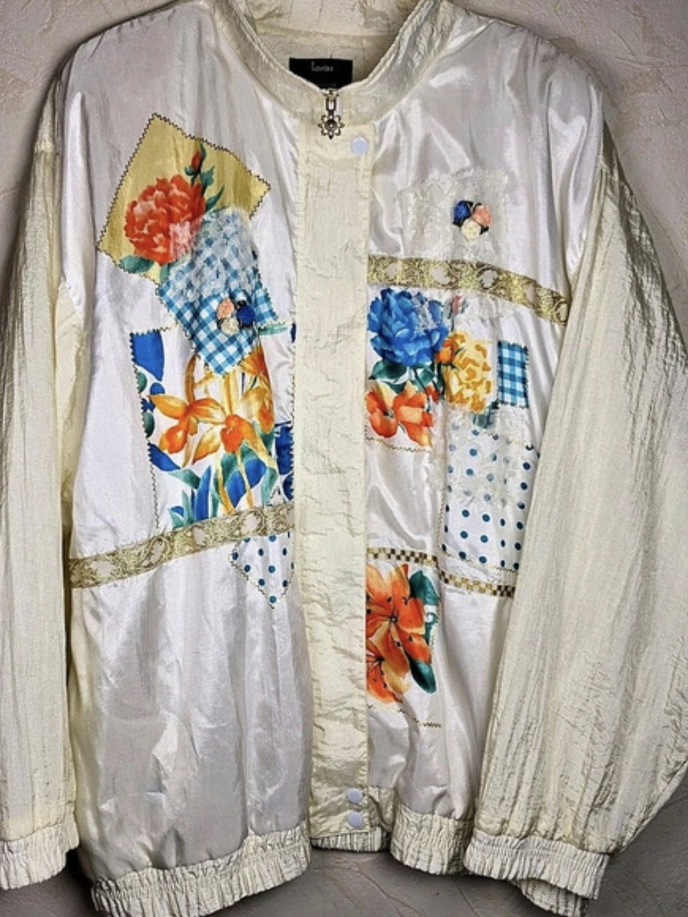 90s Floral Patchwork Lace Windbreaker Jacket White GrandmaCore Cottagecore 3XL
